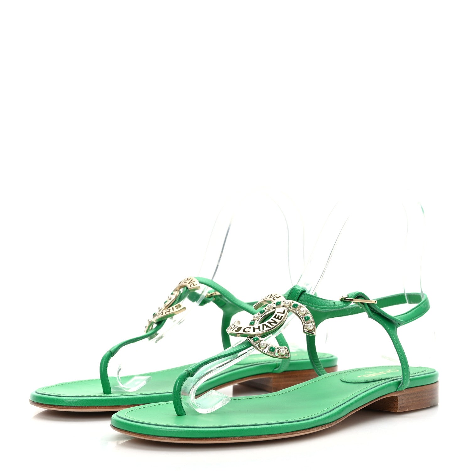 Chanel Lambskin Crystal CC Logo Thong Sandals 38 Green 3 of 7