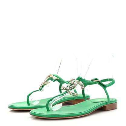 Chanel Lambskin Crystal CC Logo Thong Sandals 38 Green 3 of 7