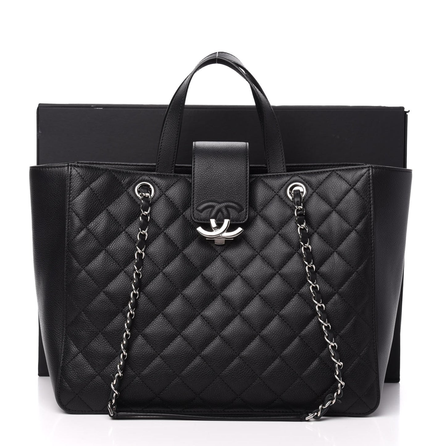 Caviar Quilted Large CC Box Shopping Tote Black