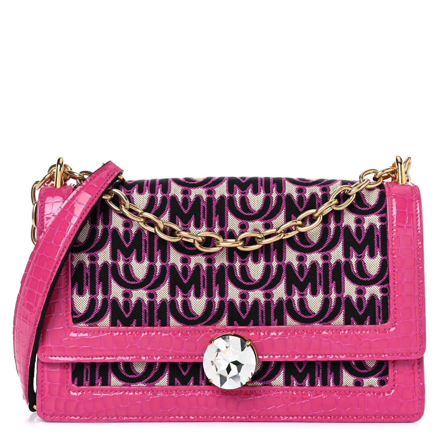 Miu Miu Jacquard Crocodile Embossed Calfskin Crystal Solitaire Flap Bag Fuxia 1 of 12