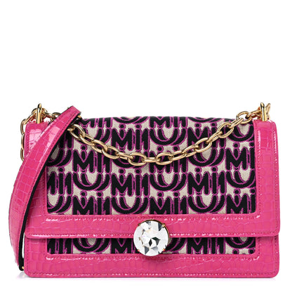 Miu Miu Jacquard Crocodile Embossed Calfskin Crystal Solitaire Flap Bag Fuxia 1 of 12