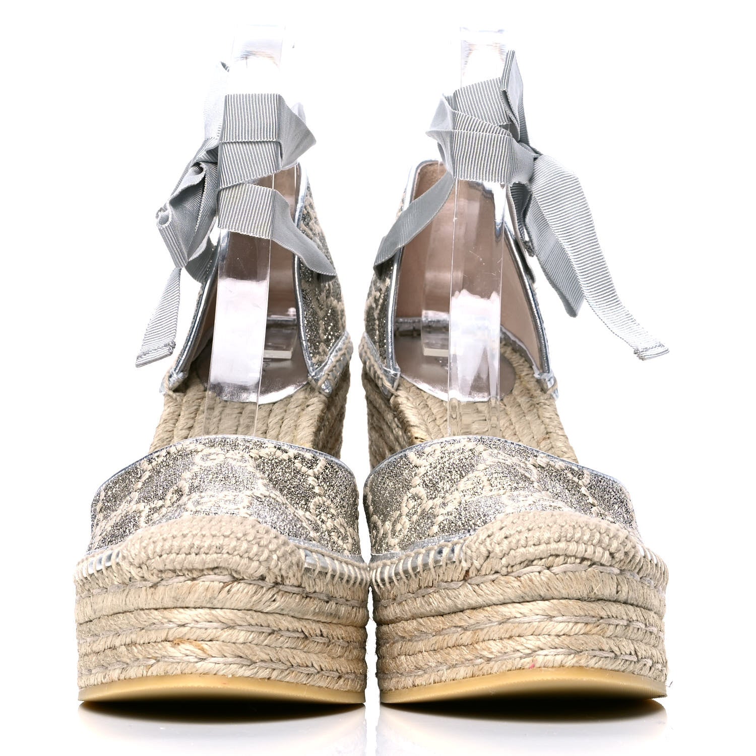 Gucci Lame GG Monogram Ankle Wrap Platform Espadrille Wedges 39 Silver 2 of 4