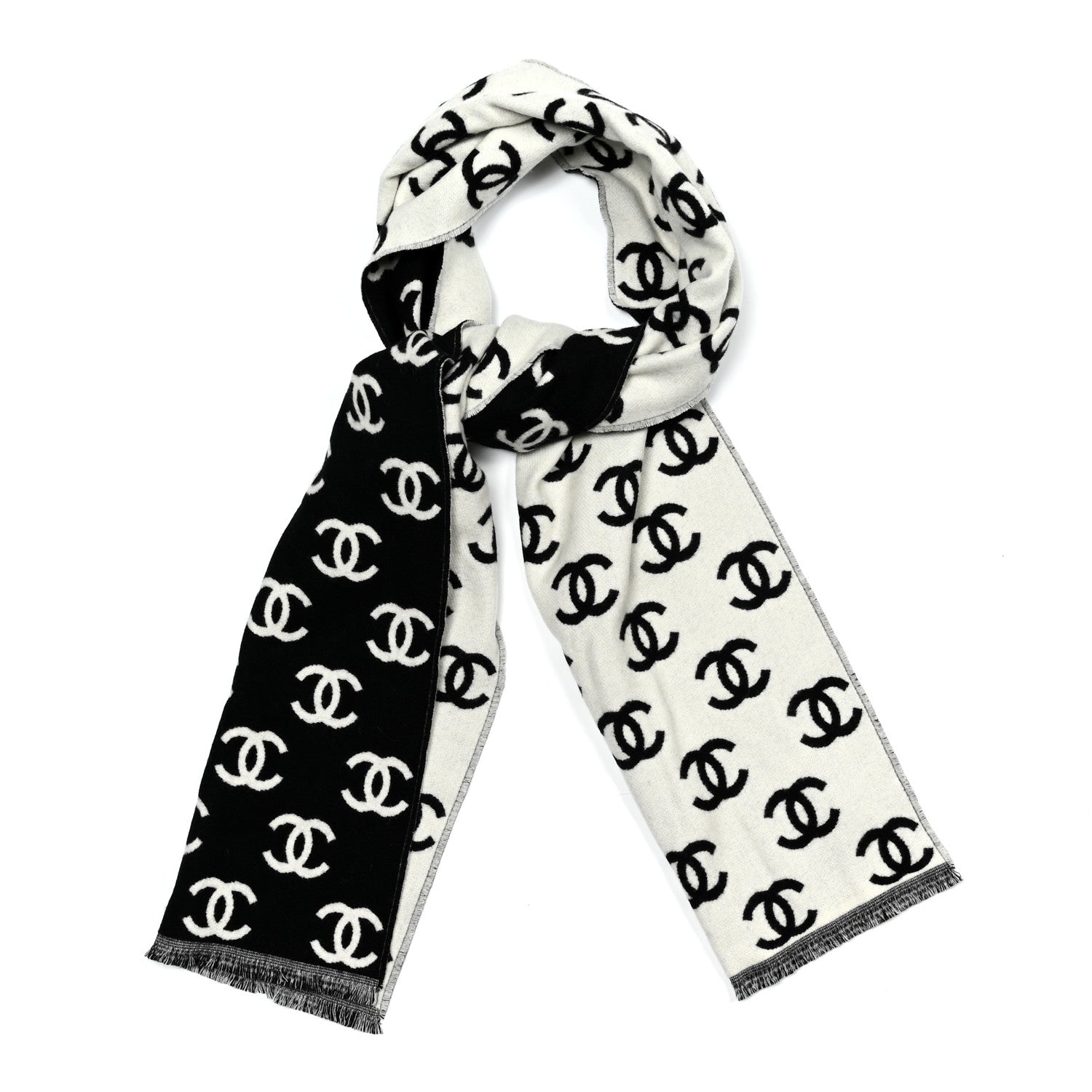 Chanel Wool Cashmere CC Scarf Black White 1 of 3