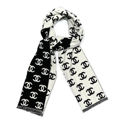 Chanel Wool Cashmere CC Scarf Black White 1 of 3