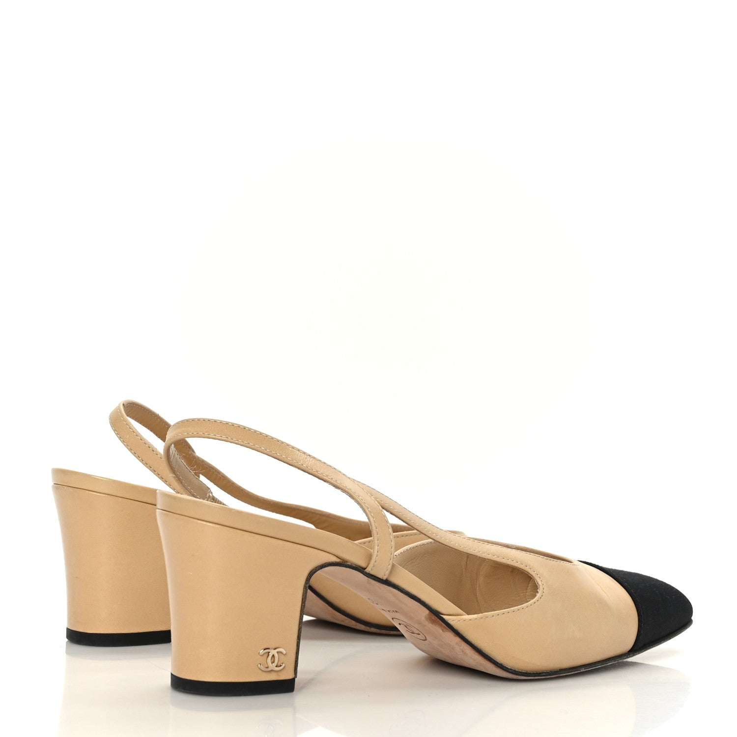 Chanel Goatskin Grosgrain Cap Toe CC Slingback Pumps 37 Beige Black 4 of 11