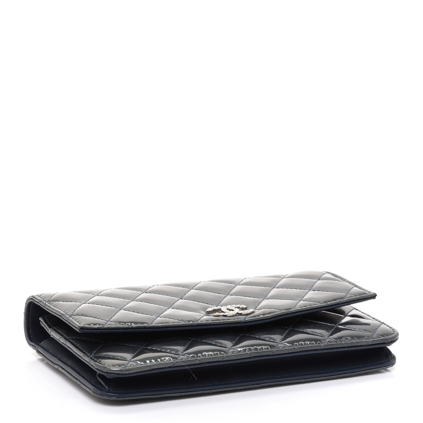 Patent Quilted Brilliant Wallet On Chain WOC Dark Blue