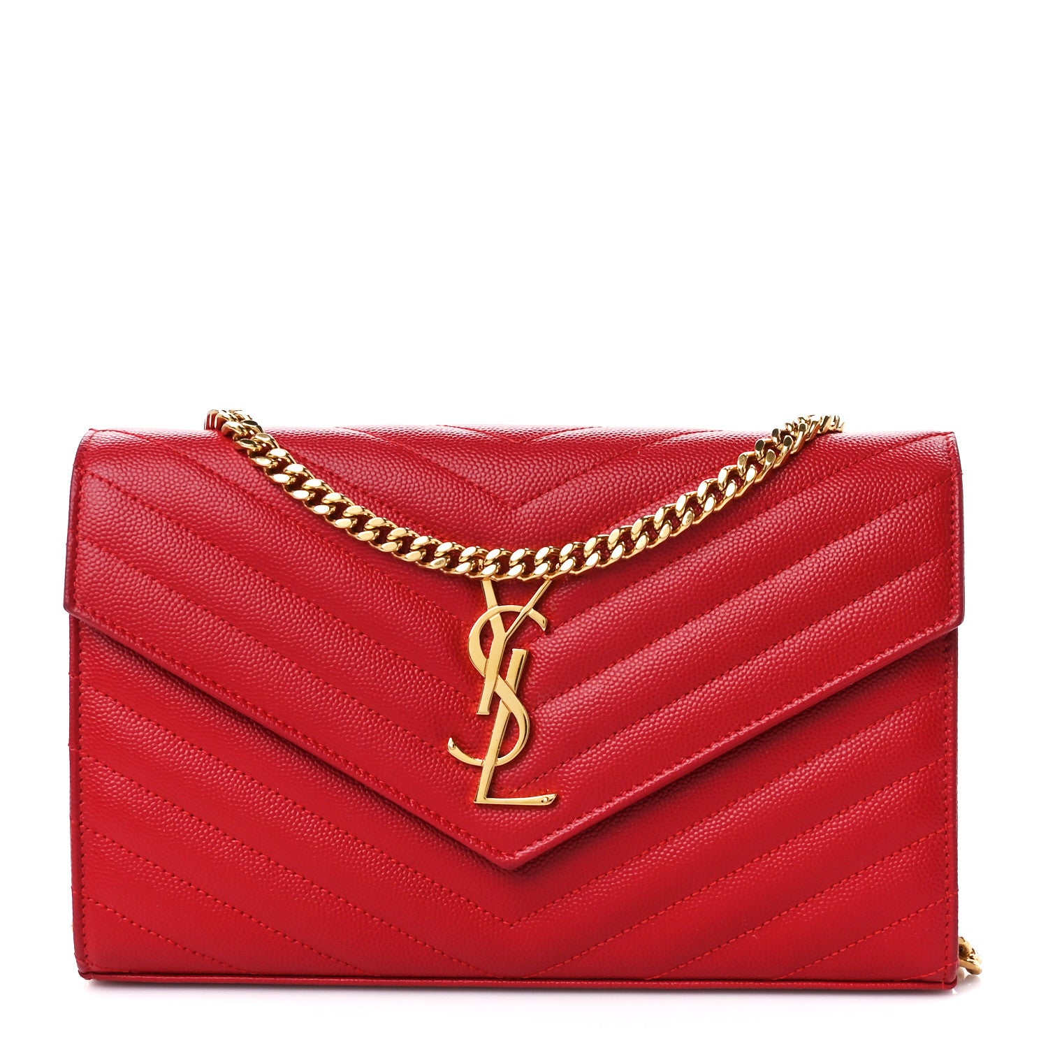 Saint Laurent Grain De Poudre Matelasse Chevron Monogram Chain Wallet New Red 1 of 10