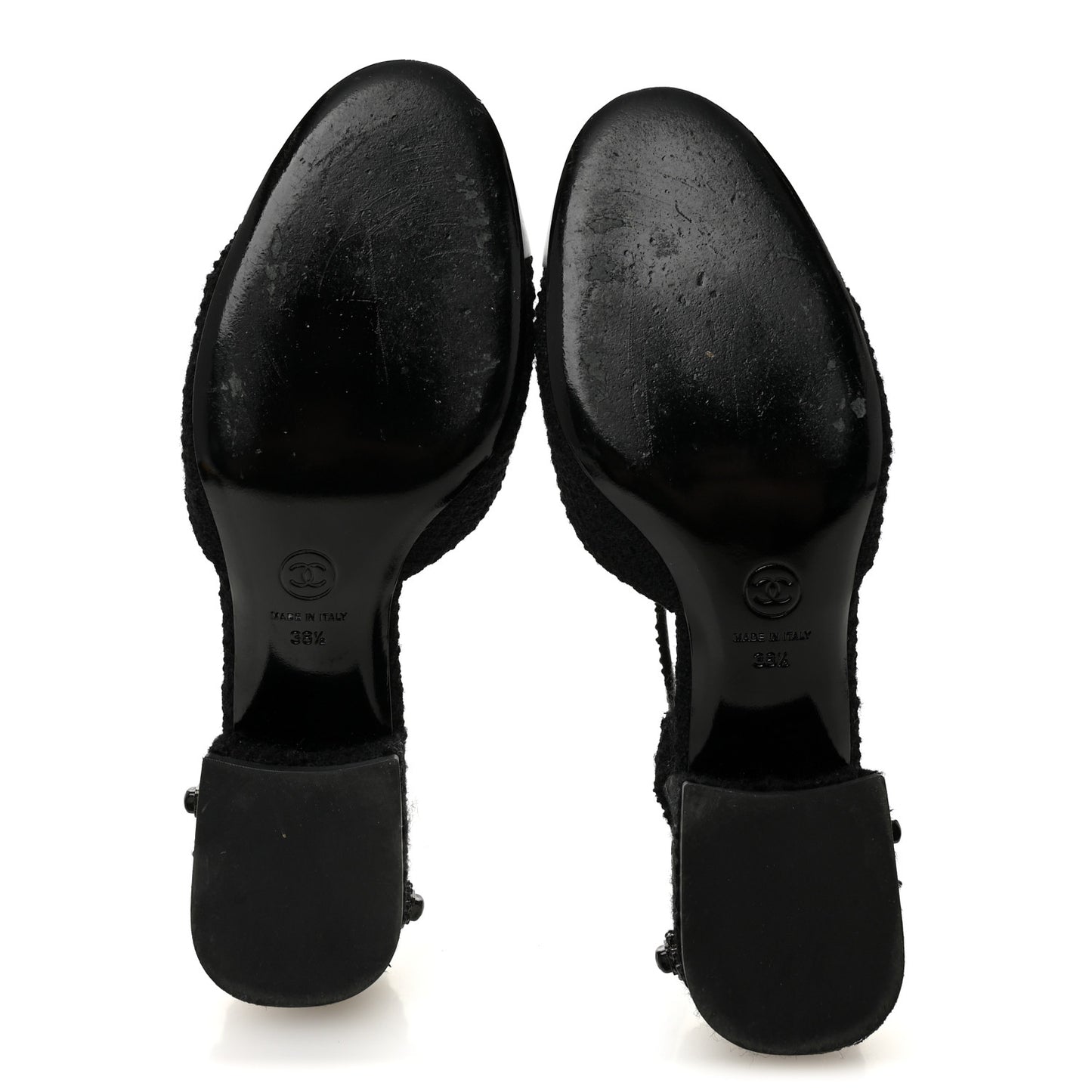 Tweed Iridescent Calfskin Cap Toe CC Slingback Pumps 38.5 Black Silver