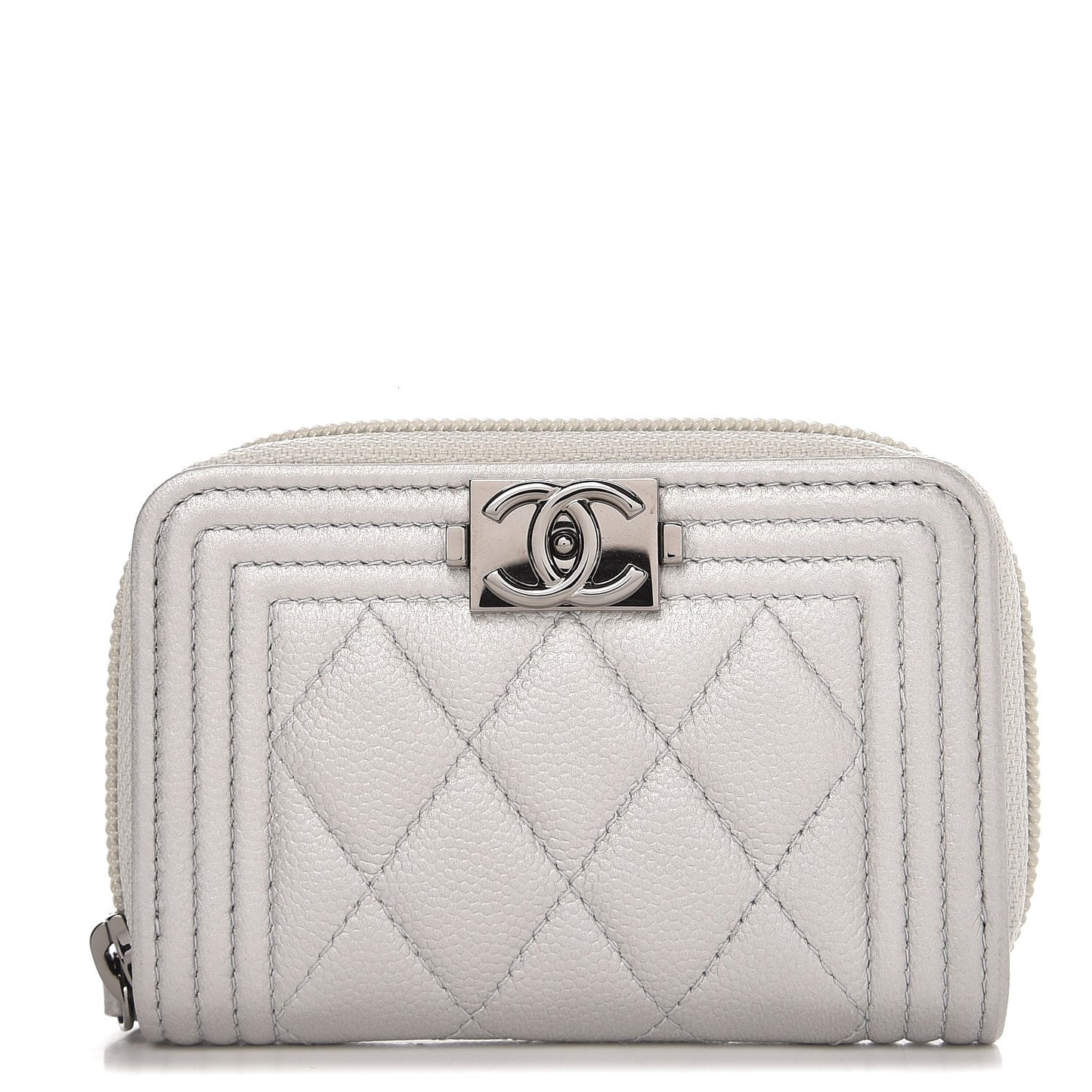 Metallic Caviar Quilted Boy Zip Around Coin Purse Wallet Silver