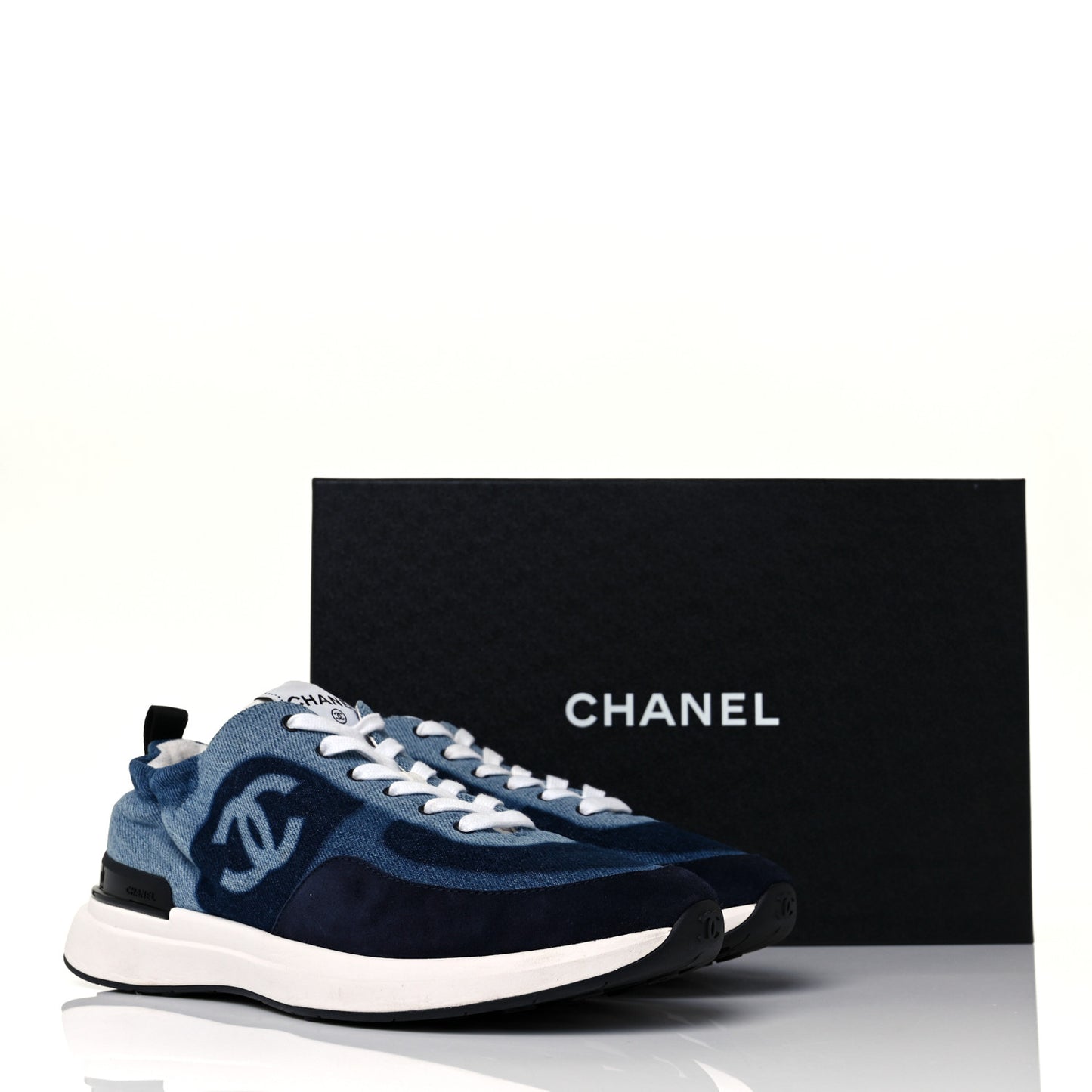 Denim Suede Calfskin Womens CC Sneakers 39 Dark Blue White Black