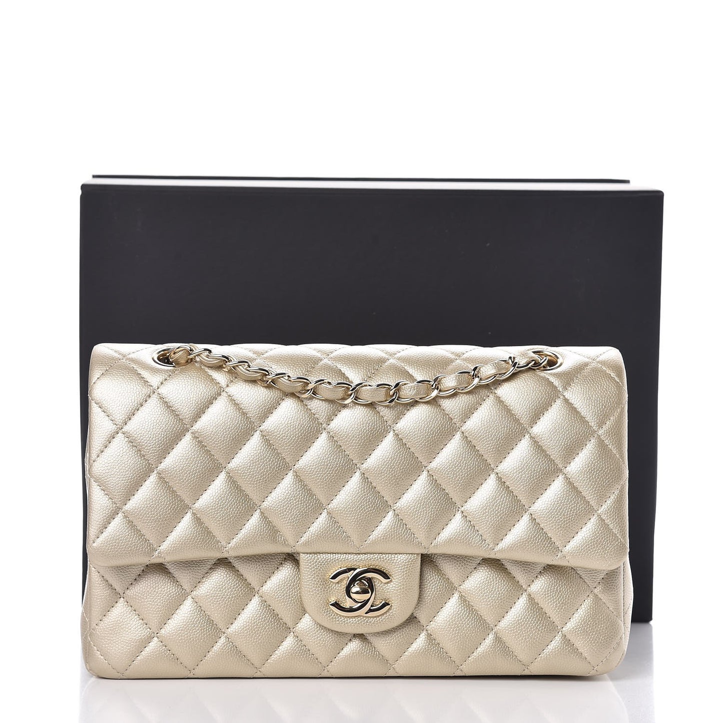 Metallic Caviar Quilted Medium Double Flap Light Gold