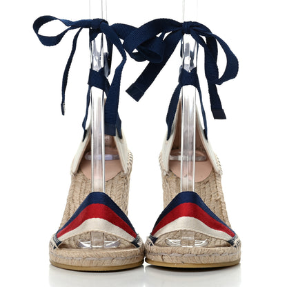 Gucci Canvas Sylvie Web Ankle Wrap Espadrille Wedge Sandals 36 Mystic White Hibiscus Red Maritime 2 of 8