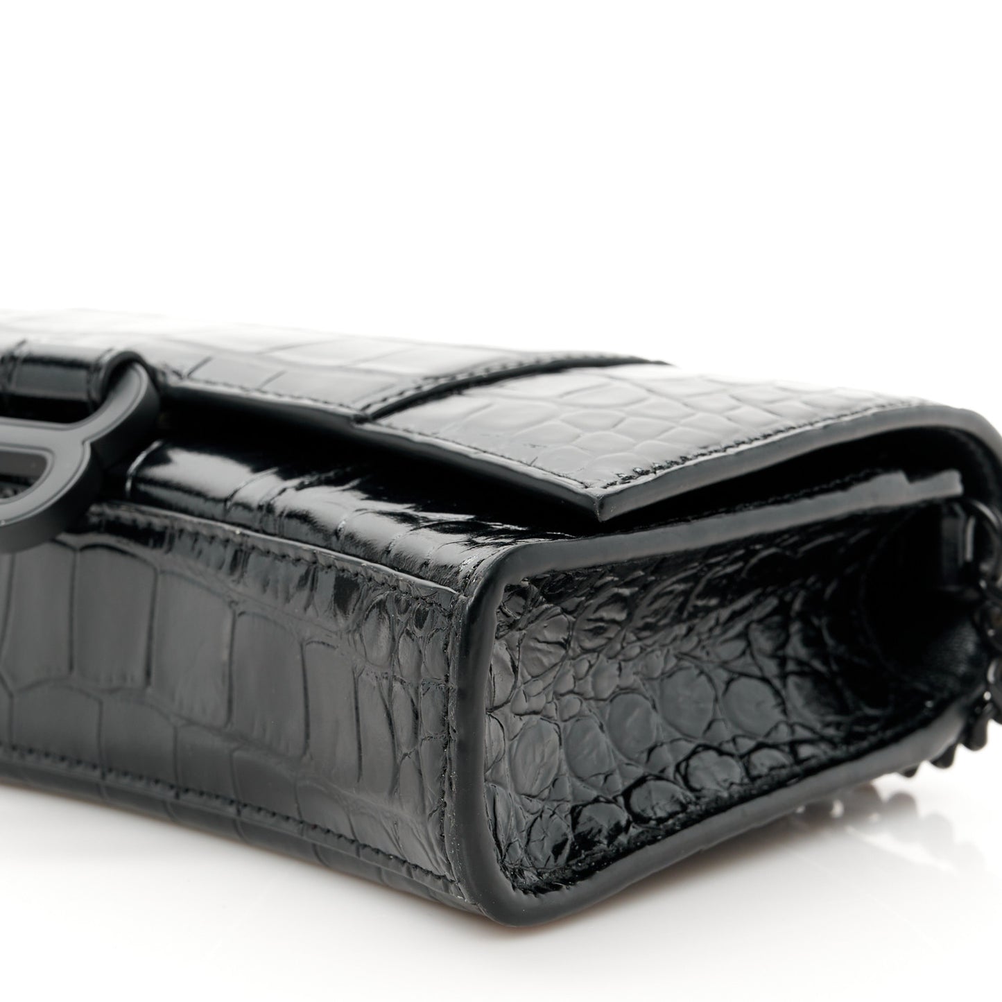 Shiny Calfskin Monochrome Crocodile Embossed Hourglass Chain Bag Black