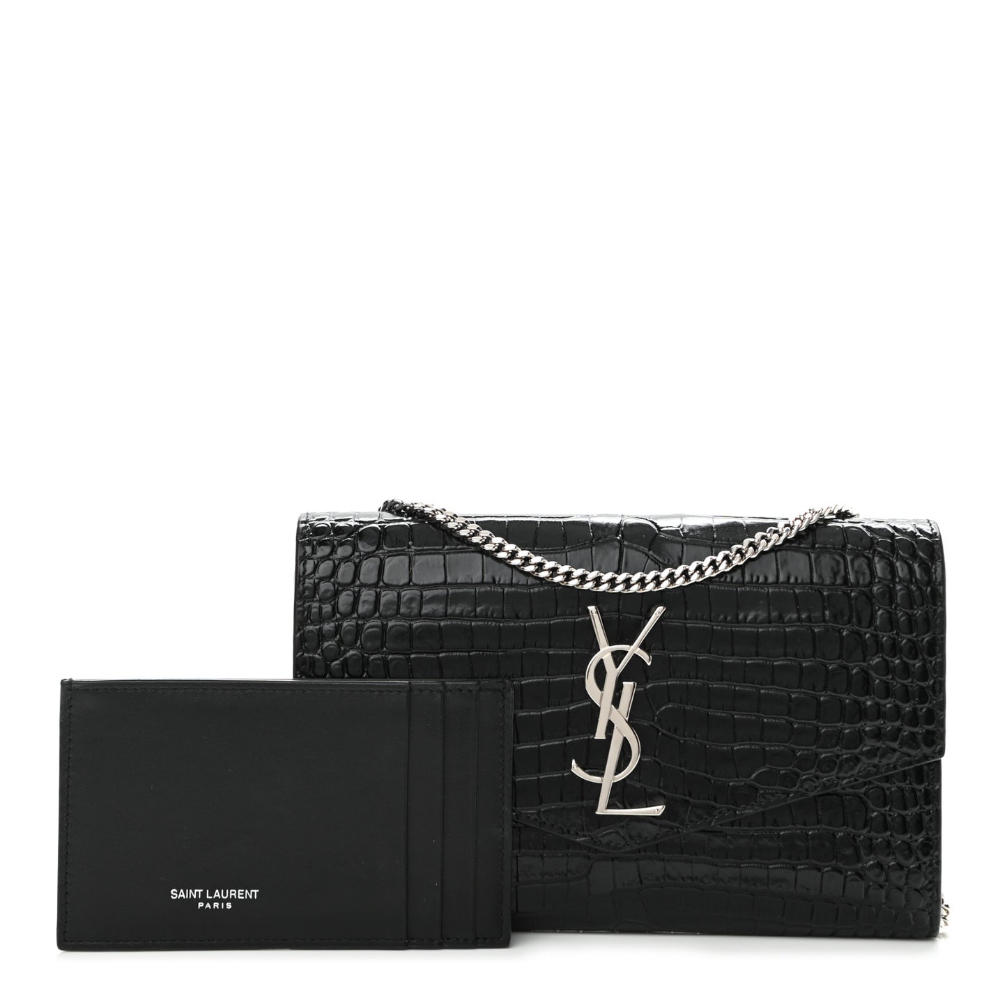 Calfskin Crocodile Embossed Monogram Uptown Chain Wallet Black