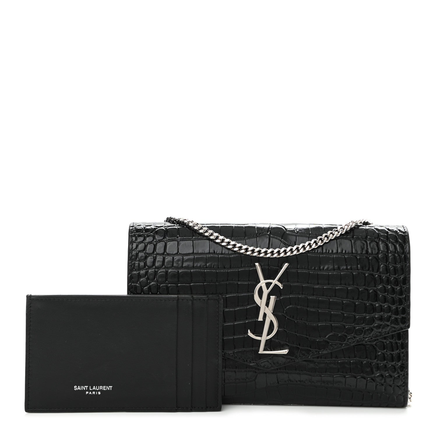 Saint Laurent Calfskin Crocodile Embossed Monogram Uptown Chain Wallet Black 10 of 10