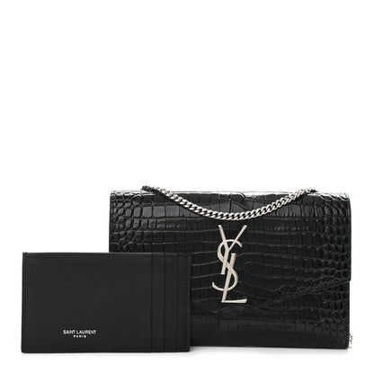 Saint Laurent Calfskin Crocodile Embossed Monogram Uptown Chain Wallet Black 10 of 10