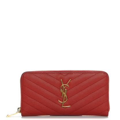 Saint Laurent Grain De Poudre Matelasse Chevron Monogram Zip Around Wallet Red 1 of 7