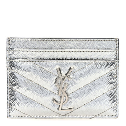Saint Laurent Metallic Grain De Poudre Matelasse Chevron Monogram Credit Card Case Argento 1 of 7