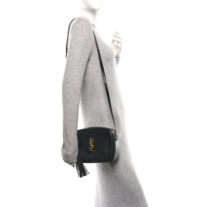 Saint Laurent Patent Calfskin Crocodile Embossed Monogram Lou Camera Bag Black 2 of 10