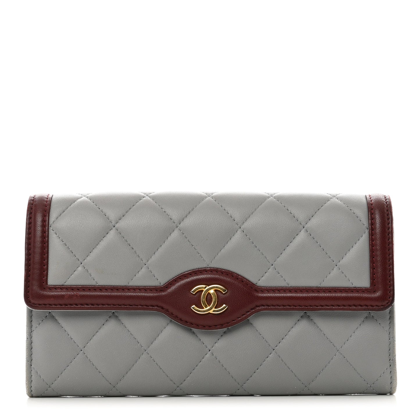 Lambskin Quilted Large Two Tone Day Gusset Flap Wallet Grey Burgundy