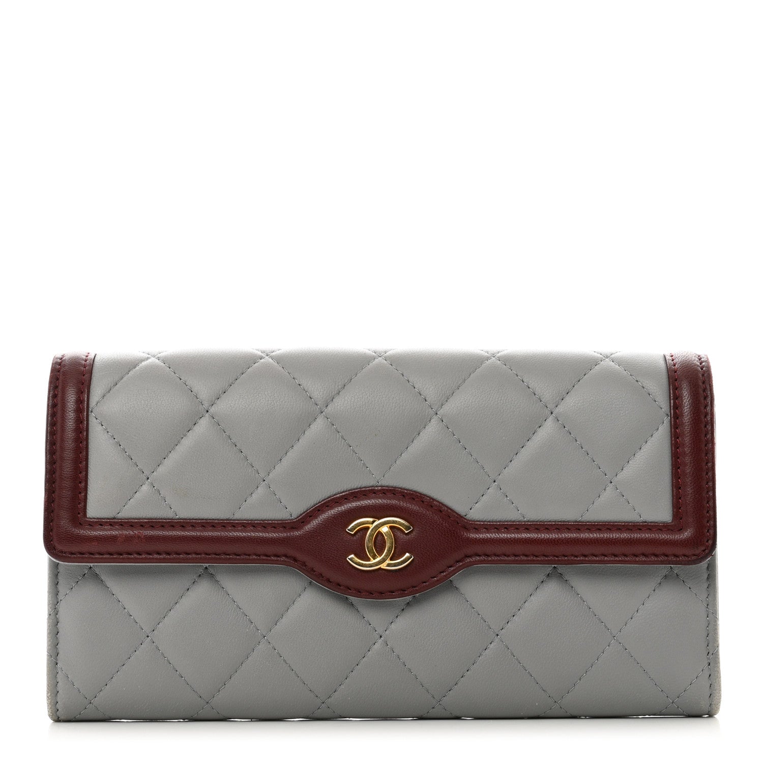 Chanel Lambskin Quilted Large Two Tone Day Gusset Flap Wallet Grey Burgundy 1 of 10