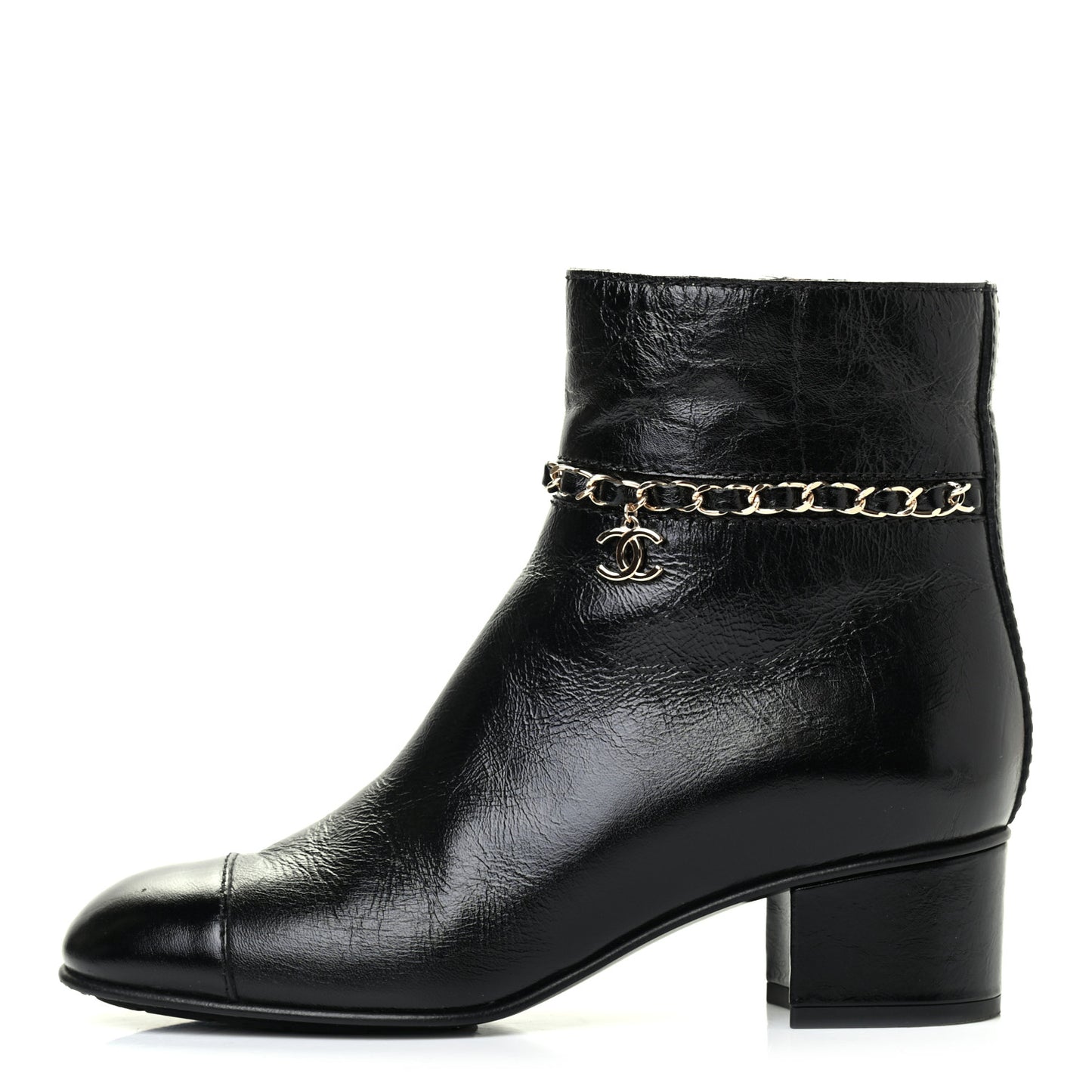 Crumpled Calfskin Cap Toe Chain Short Boots 35.5 Black