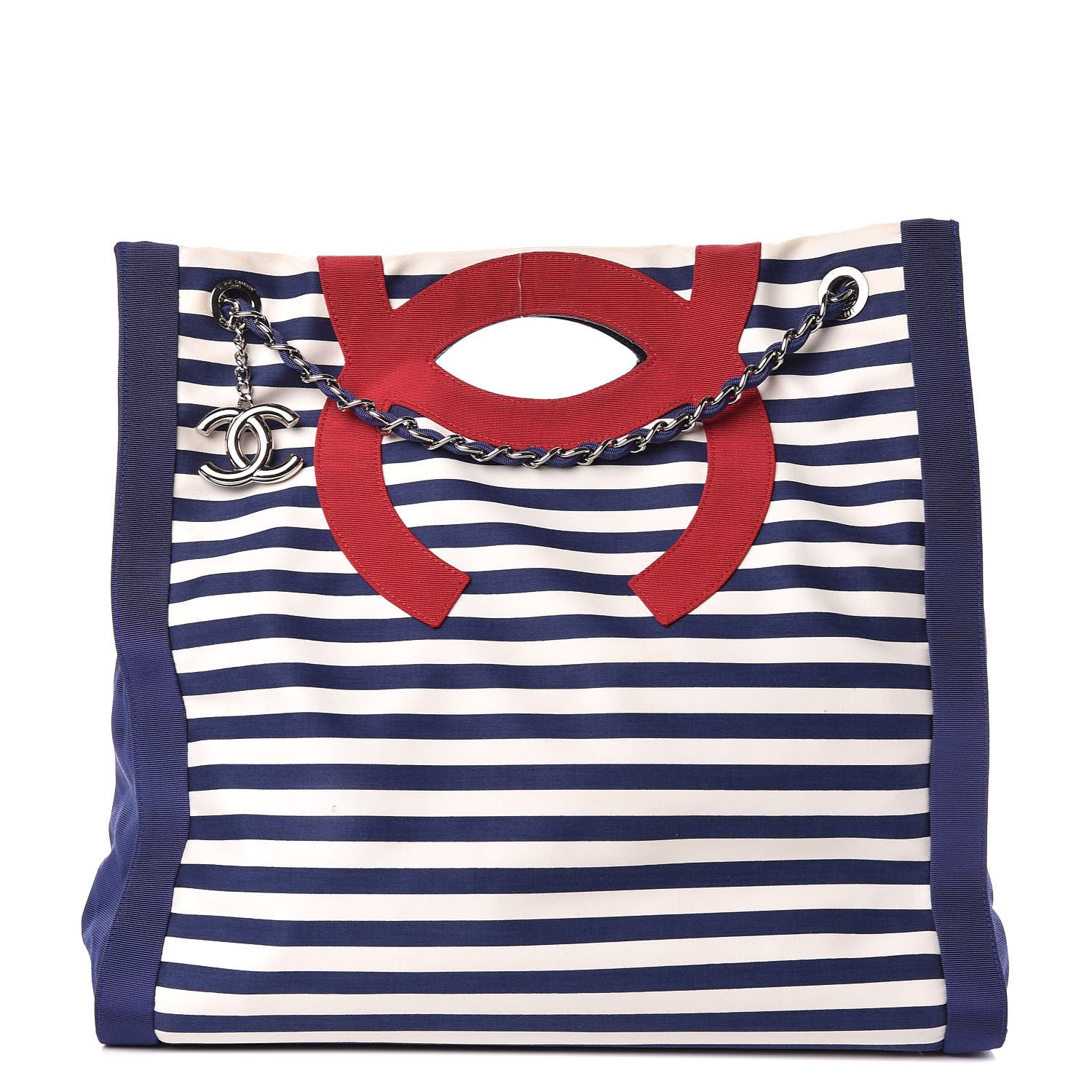 Chanel Striped Canvas CC Large Shopping Tote Blue Red White 1 of 11