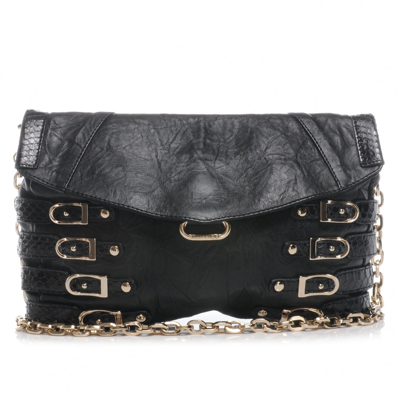 Jimmy Choo Biker Leather Elaphe Snakeskin Brix Convertible Clutch Black 1 of 8