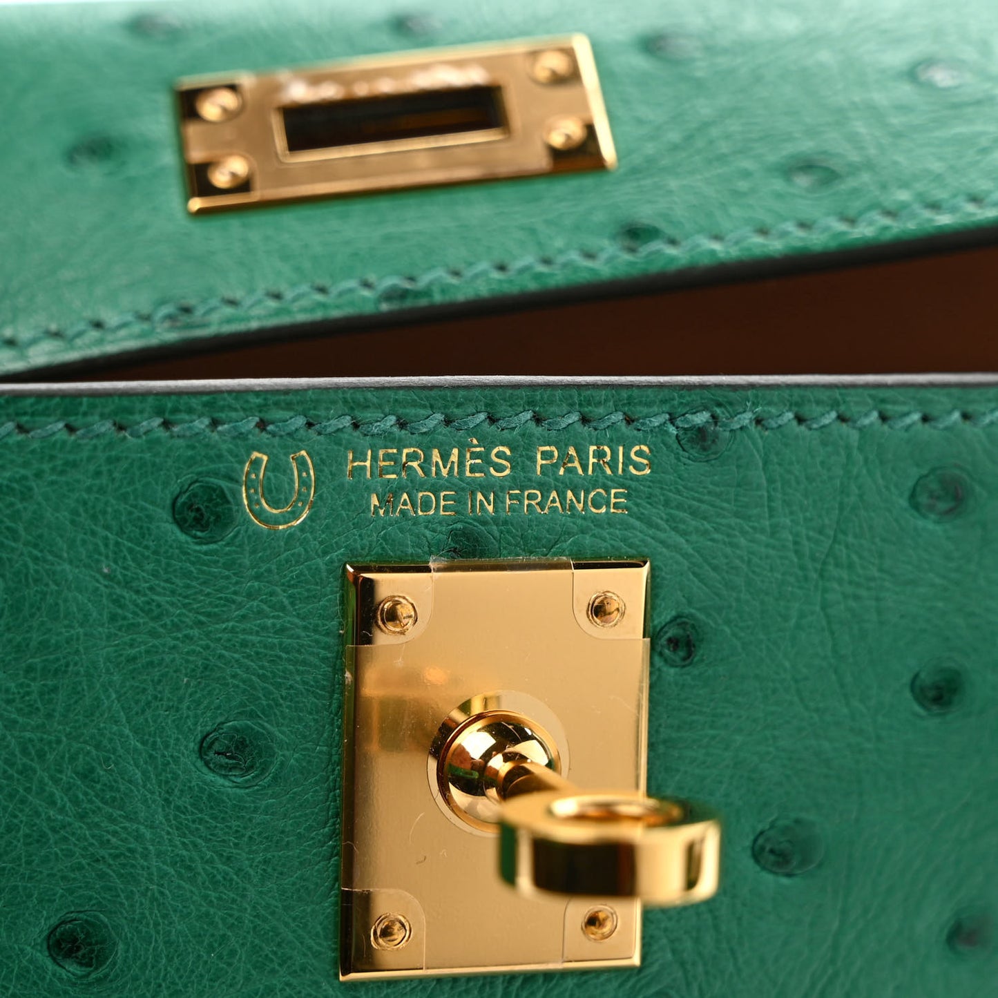 Ostrich Horseshoe Kelly Sellier Mini 20 Vert Vertigo Gold