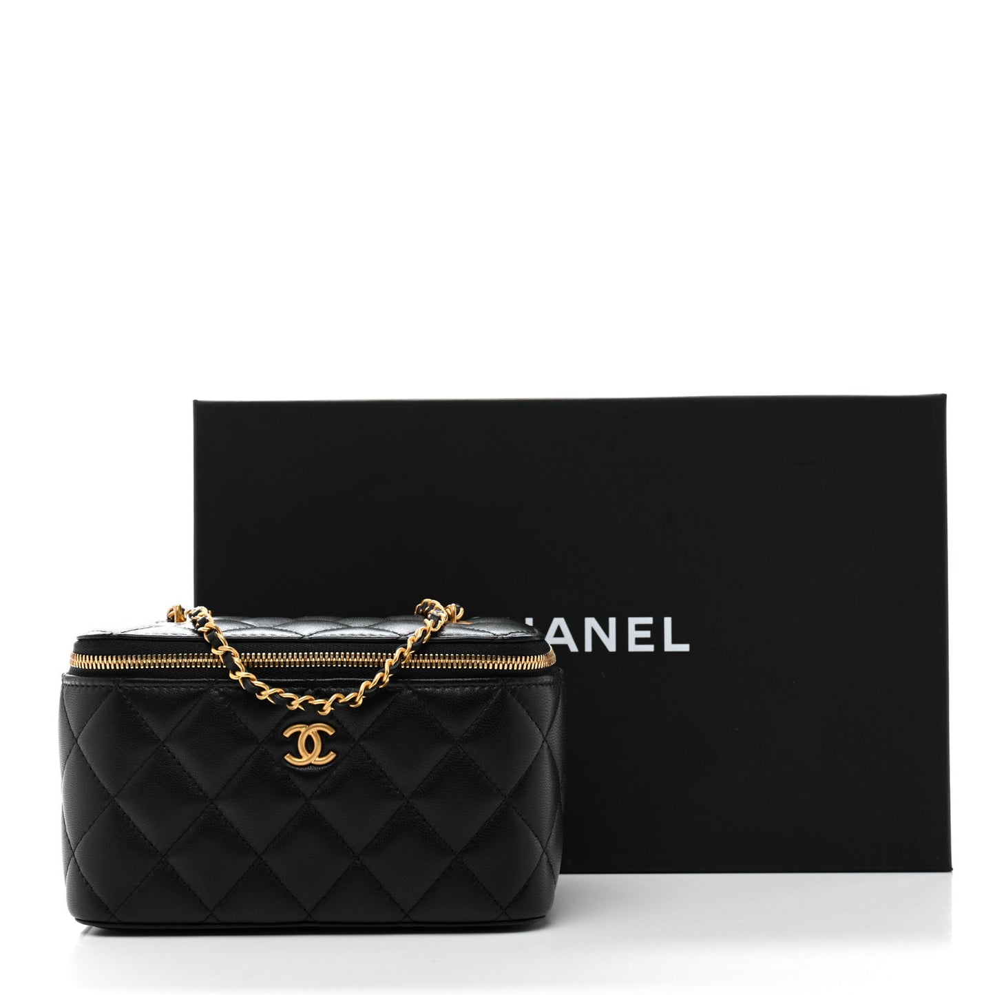 Lambskin Enamel Quilted Small Coco Hearts Vanity Case With Chain Black