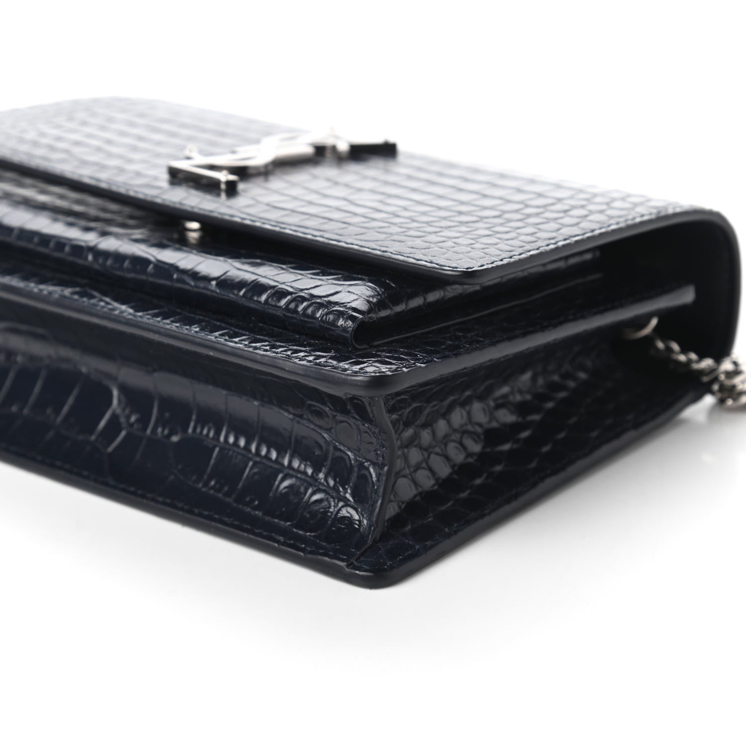Saint Laurent Calfskin Crocodile Embossed Monogram Sunset Chain Wallet Navy 7 of 10