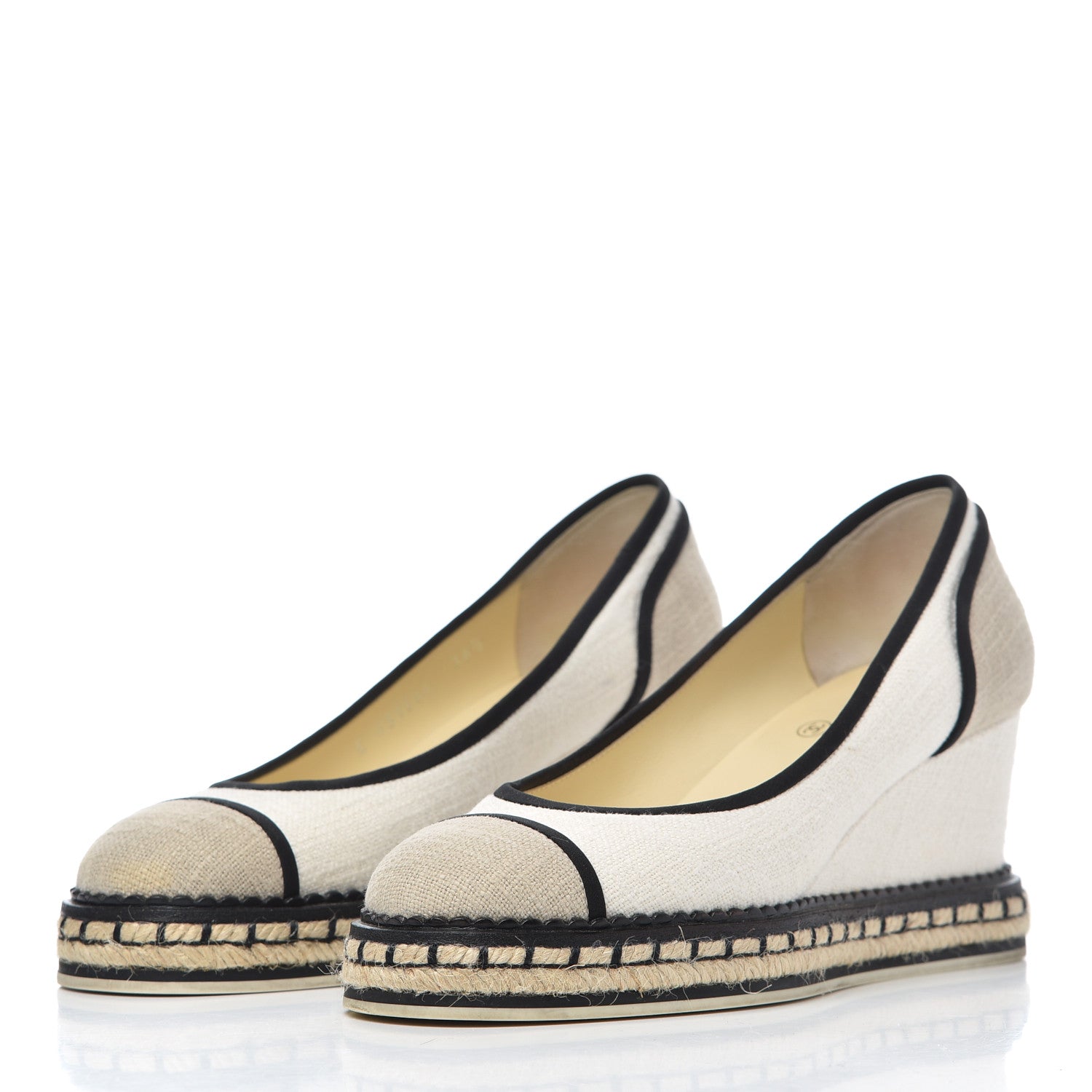 Chanel Toile Cap Toe Espadrille Wedges 36.5 Beige Black 3 of 17
