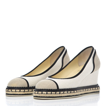 Chanel Toile Cap Toe Espadrille Wedges 36.5 Beige Black 3 of 17