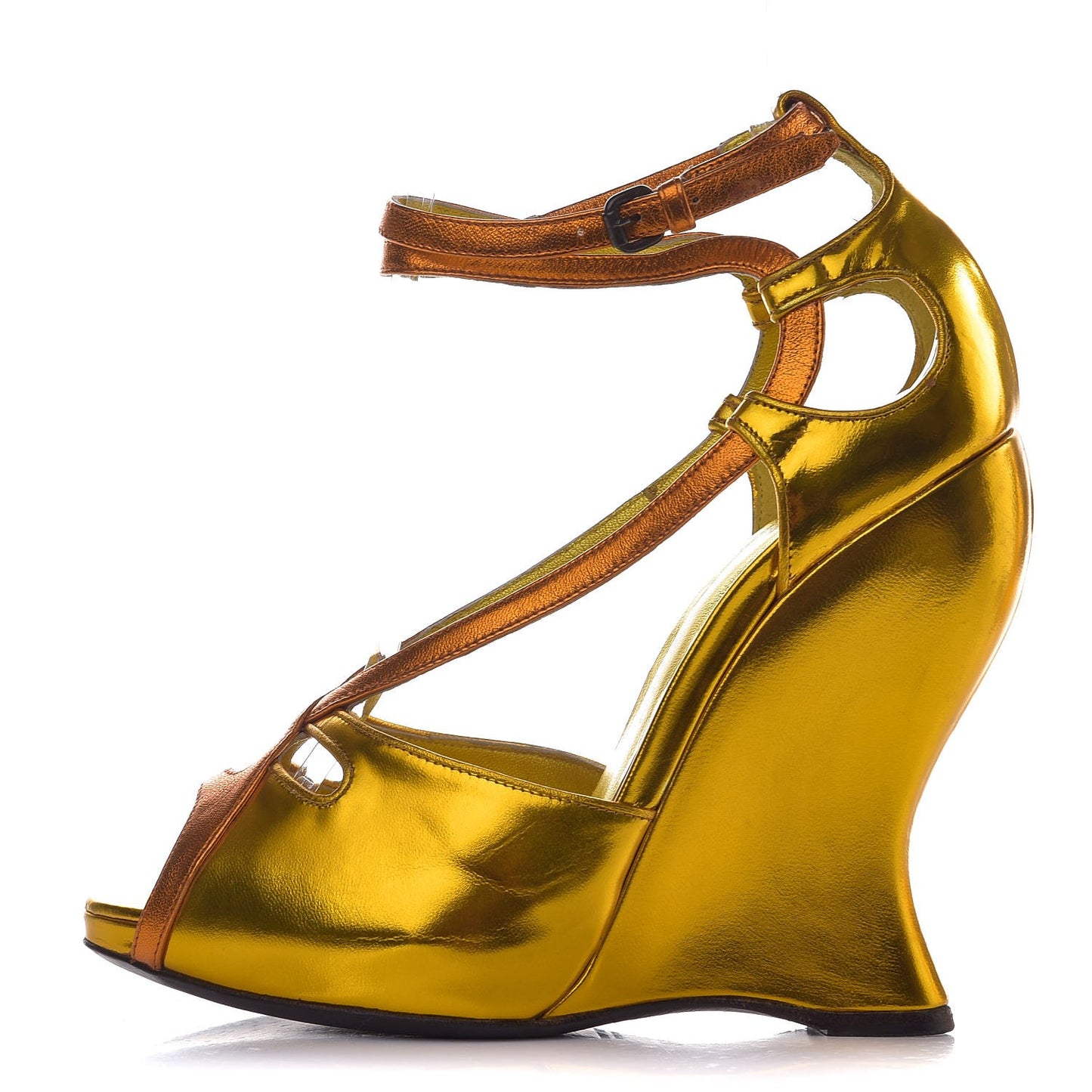 Metallic Calfskin Wedge Sandals 38 Gold