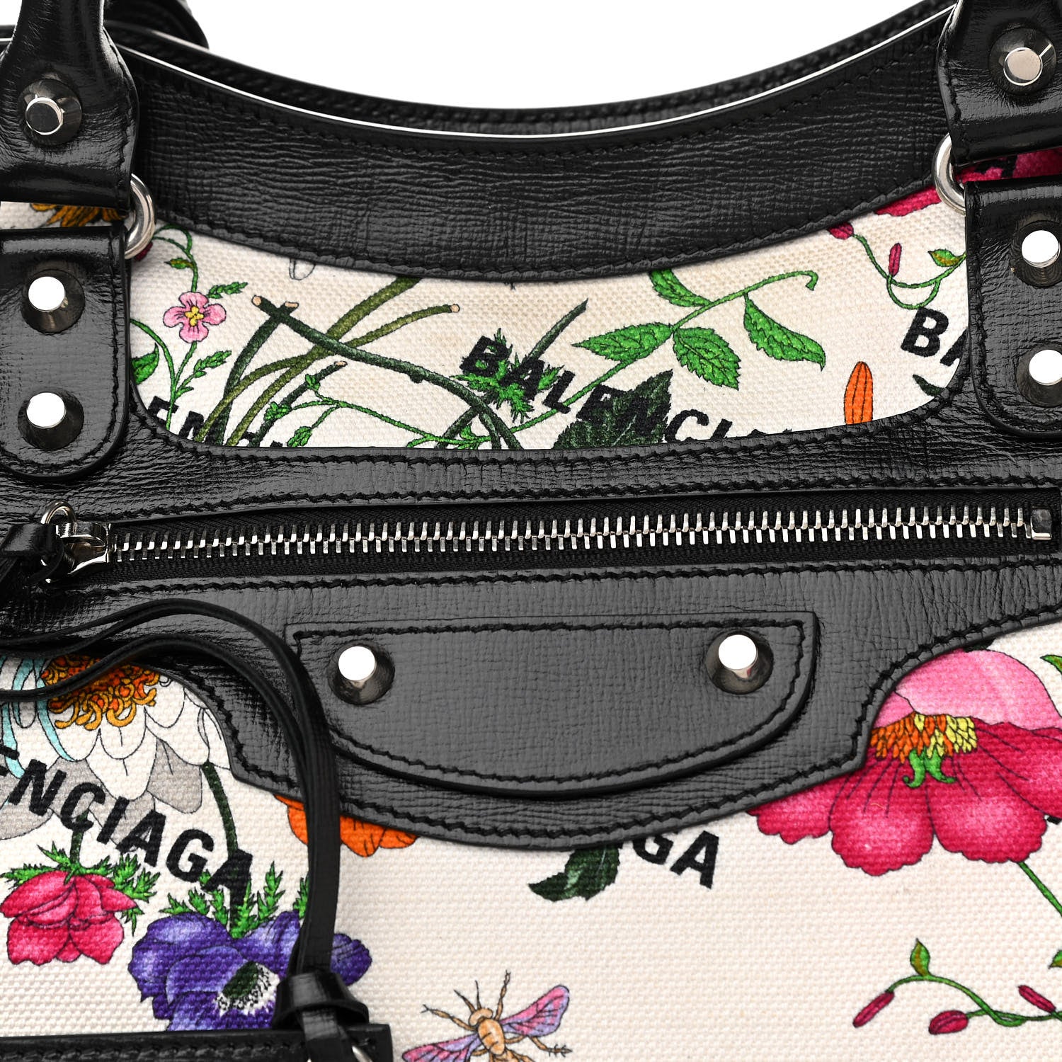 Balenciaga X GUCCI Canvas Azalea Calfskin Flora Logo Print Neo Classic Silver Hardware Medium City White Multicolor Black 11 of 12