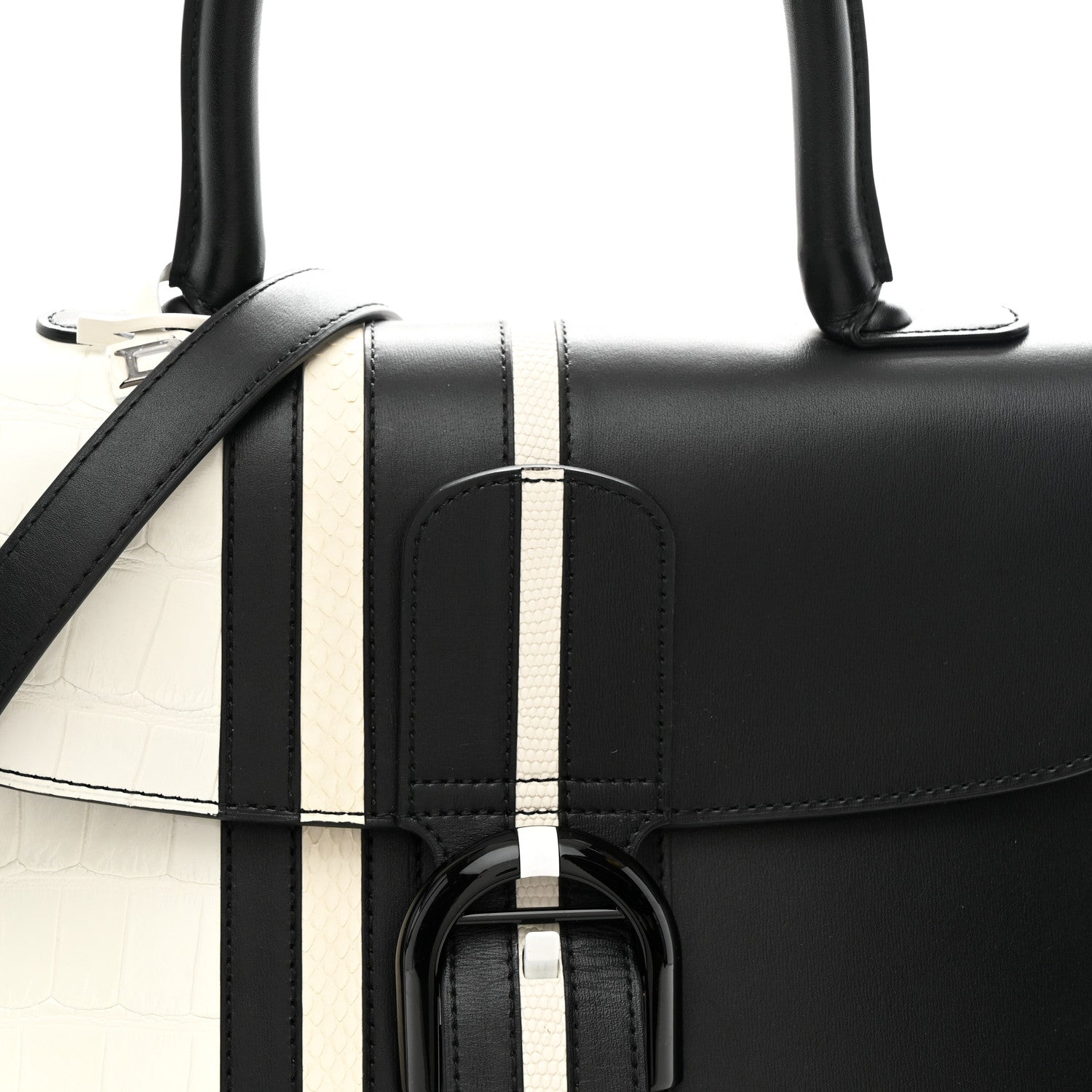 Delvaux Calfskin Alligator Lizard Ayers Sporty Stripes MM Brillant Satchel Black Ivory 8 of 10