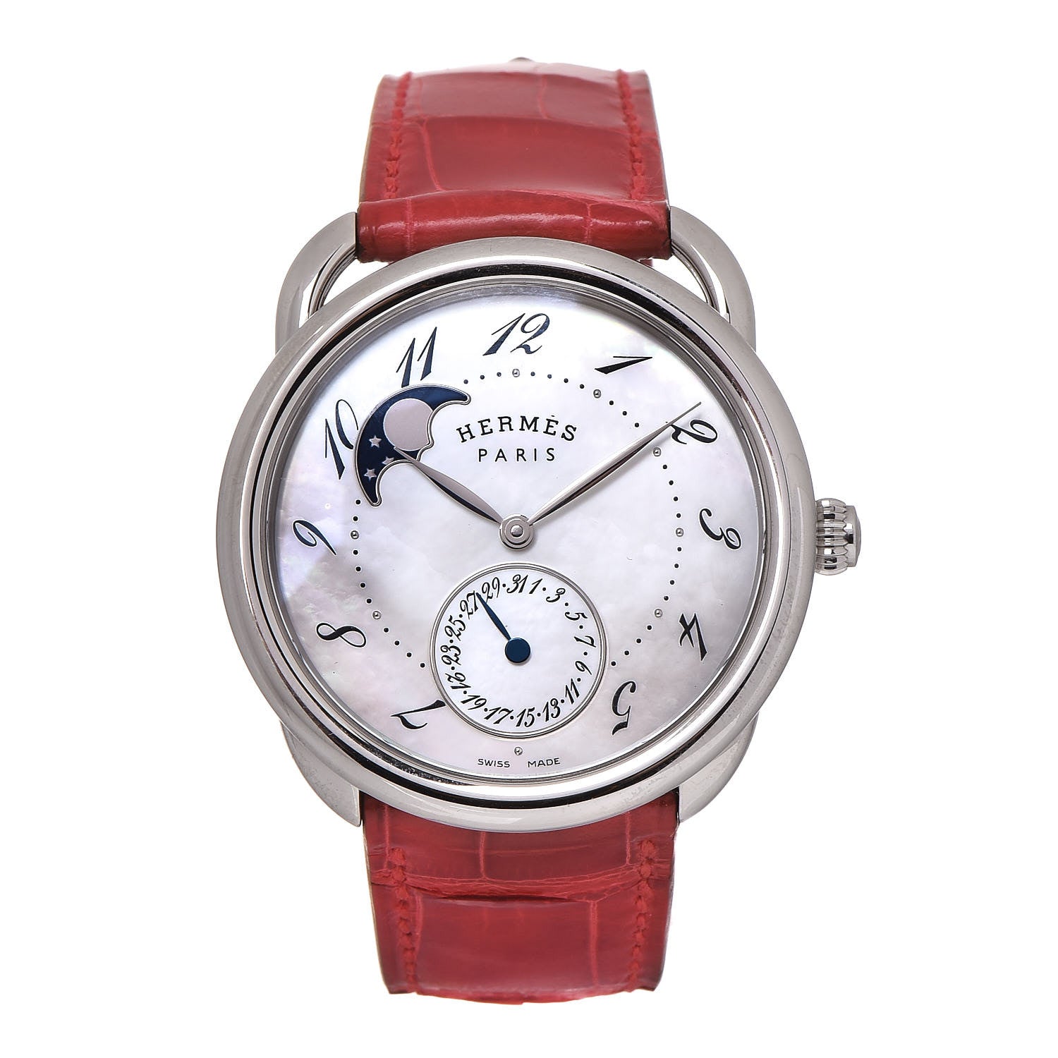 Hermes Stainless Steel Alligator Mother of Pearl 38mm Arceau Petite Lune Automatic Watch Braise 1 of 9