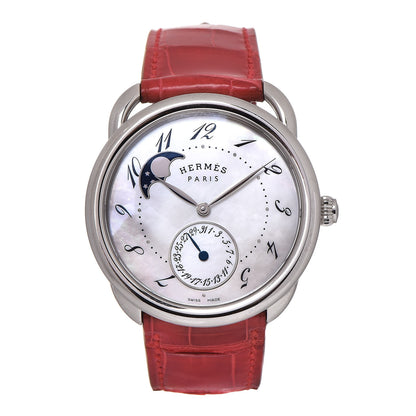 Hermes Stainless Steel Alligator Mother of Pearl 38mm Arceau Petite Lune Automatic Watch Braise 1 of 9