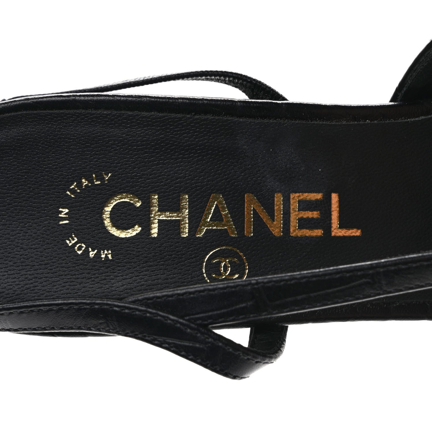 CHANEL ブラックレザー ミュール 36½ Chanel Calfskin Crocodile Embossed Patent Cap Toe CC