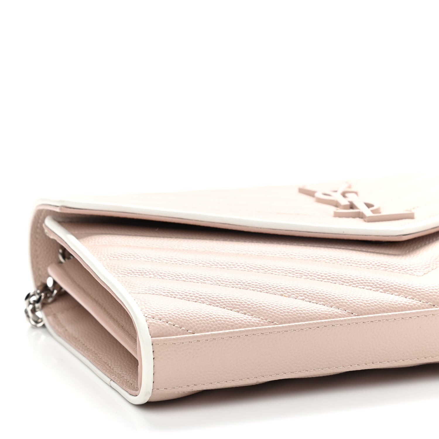 Saint Laurent Grain De Poudre Matelasse Chevron Monogram Chain Wallet Pink and White 7 of 11