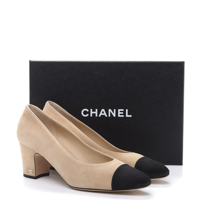 Chanel Suede Satin Cap Toe Low Heel Pumps 41 Beige Black 9 of 9