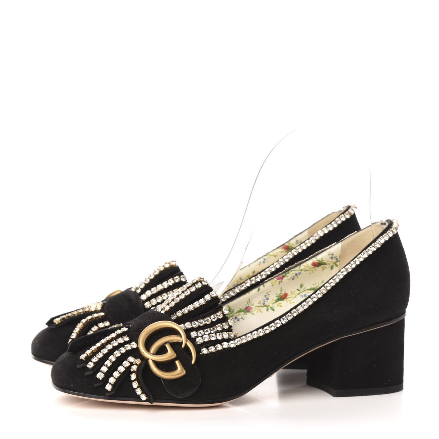 Kid Scamosciato Crystal GG Marmont Fringe 50mm Loafer Pumps 36.5 Black
