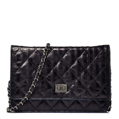 Chanel Aged Calfskin Striped Reissue Wallet On Chain WOC Black 1 of 10