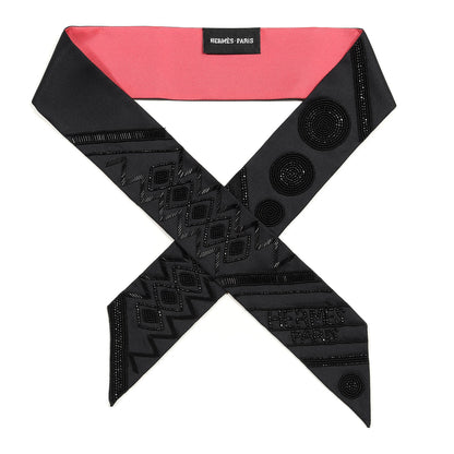Hermes Silk Beaded Precieux Art Deco Ribbon Twilly Black 1 of 4