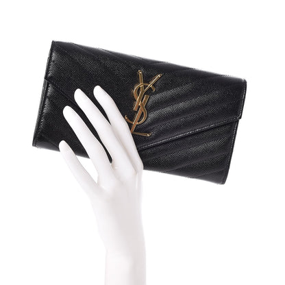 Saint Laurent Grain De Poudre Matelasse Chevron Monogram Flap Wallet Black 2 of 9