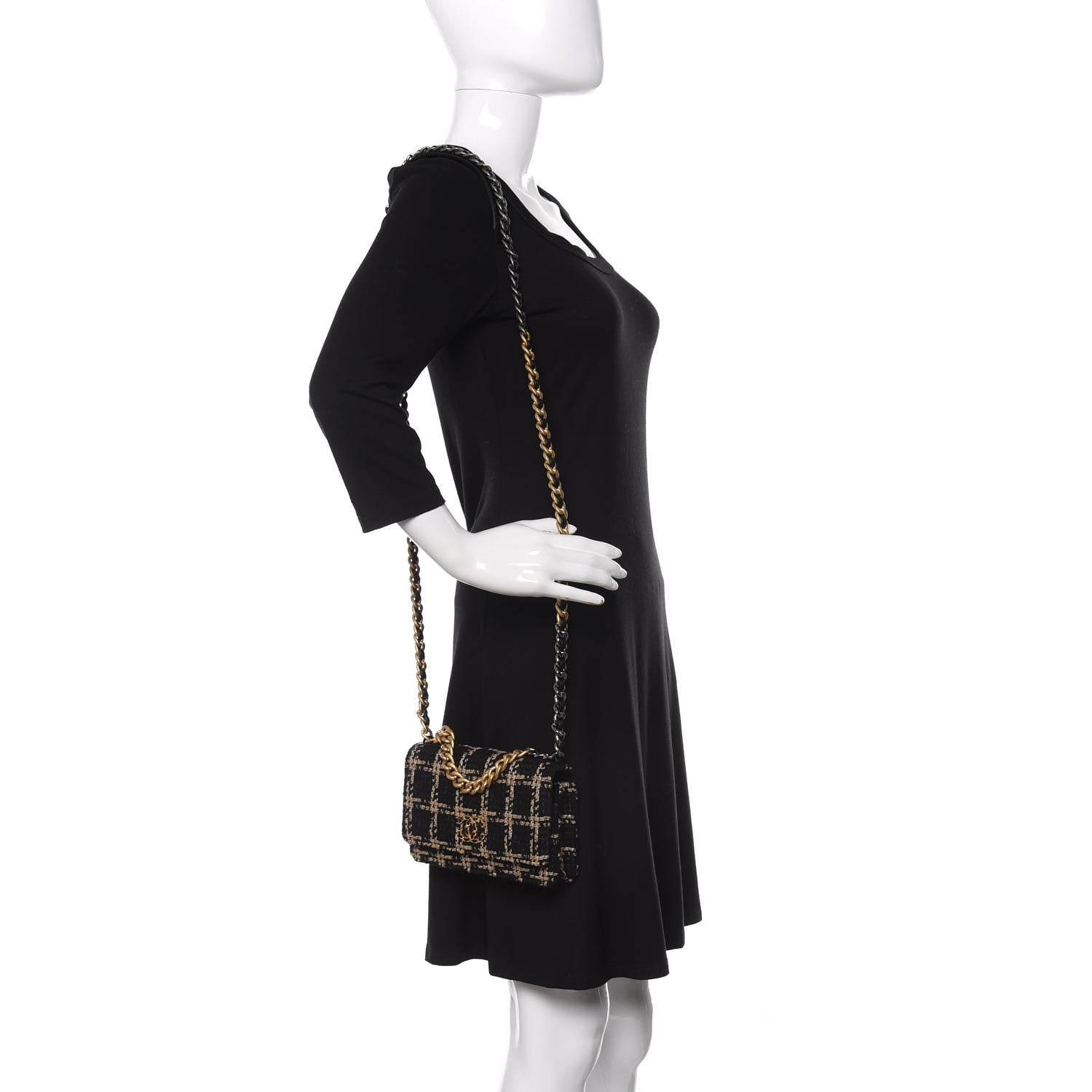 Chanel Tweed Quilted Chanel 19 Wallet On Chain WOC Black Beige 2 of 11