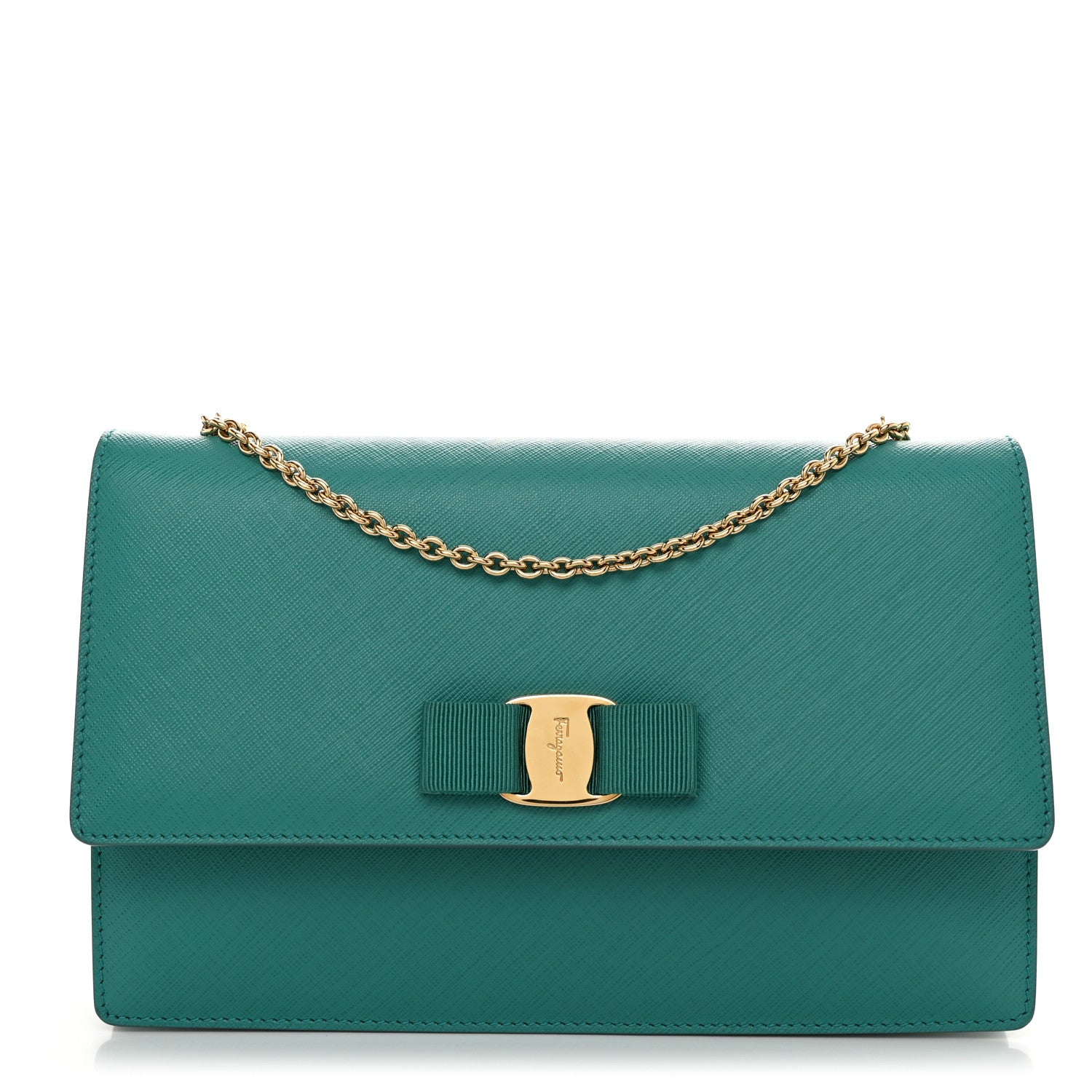 Salvatore Ferragamo Printed Calfskin Vara Bow Chain Flap Crossbody Teal 1 of 10