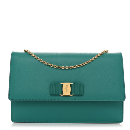 Salvatore Ferragamo Printed Calfskin Vara Bow Chain Flap Crossbody Teal 1 of 10