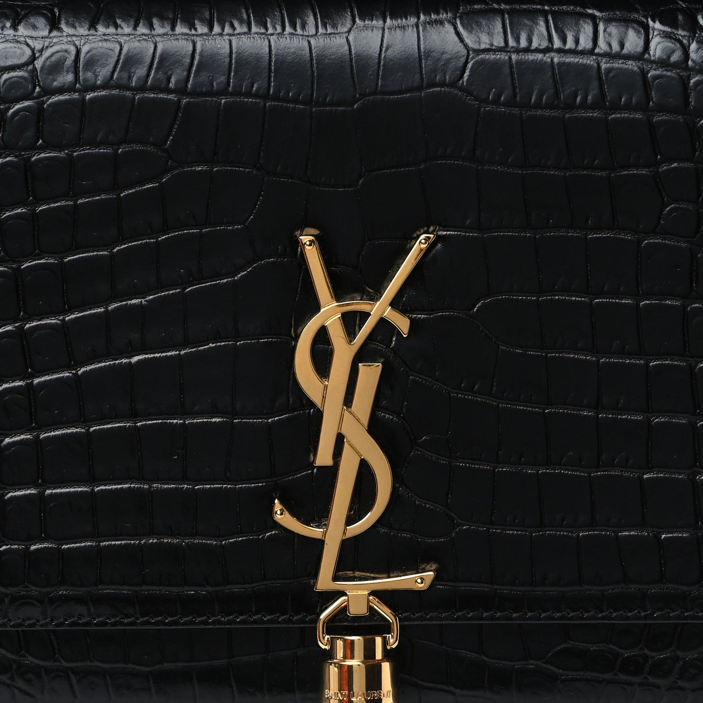 Calfskin Crocodile Embossed Medium Classic Monogram Kate Tassel Satchel Black