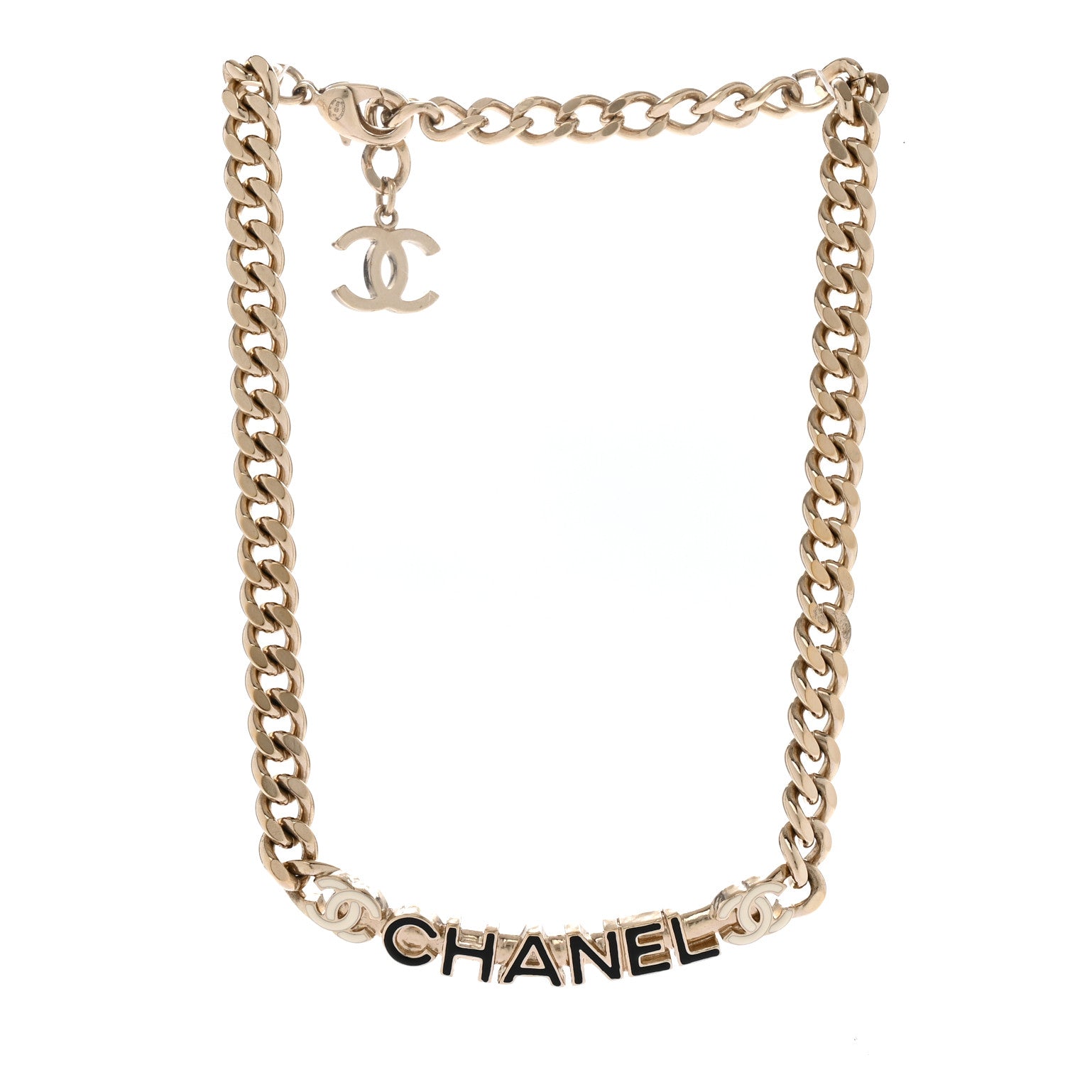 Chanel Enamel Metal Logo Choker Necklace Gold Black White 3 of 6